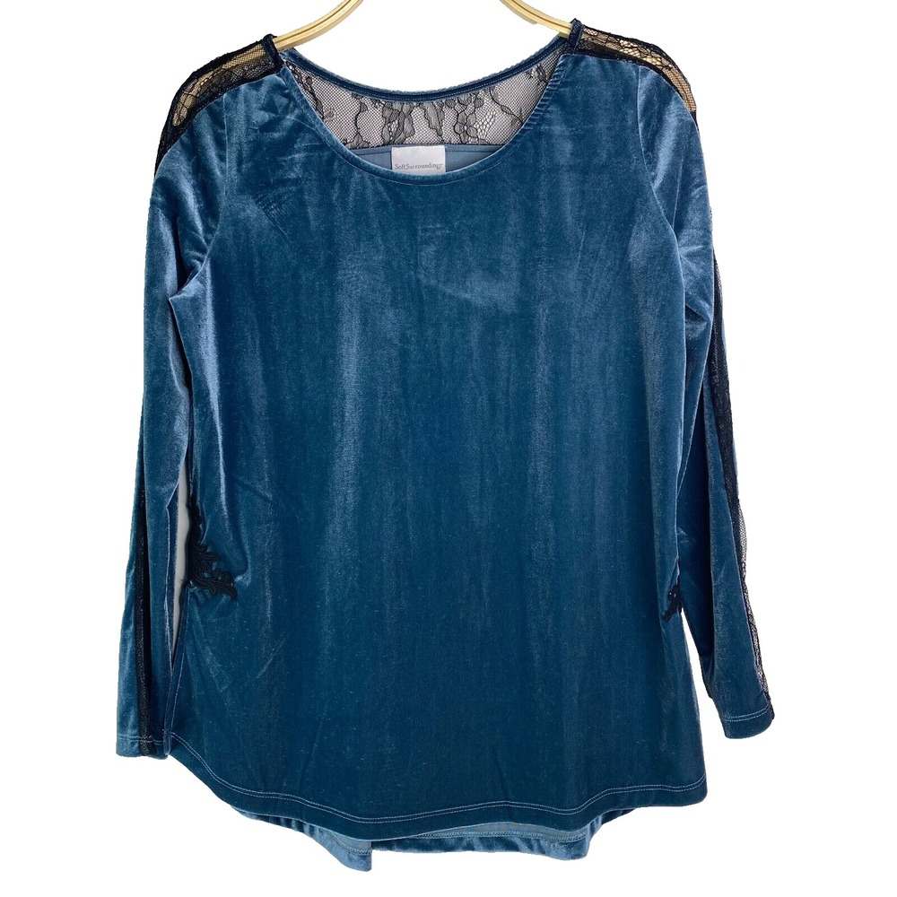 Soft Surroundings Velvet Tunic‎ Womens Medium Teal Blue Excellent Lace Accents